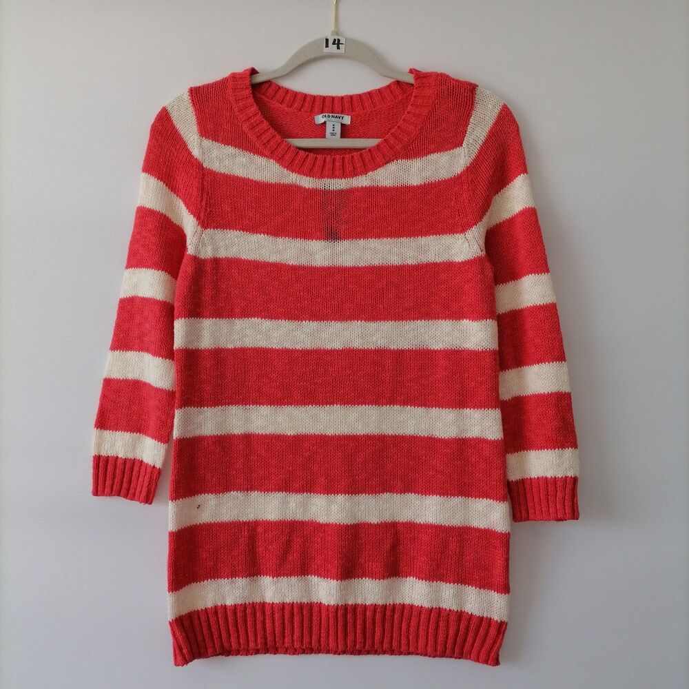 NWT Old Navy Women's Red White Striped 3/4 Sleeves Pullover Sweater M